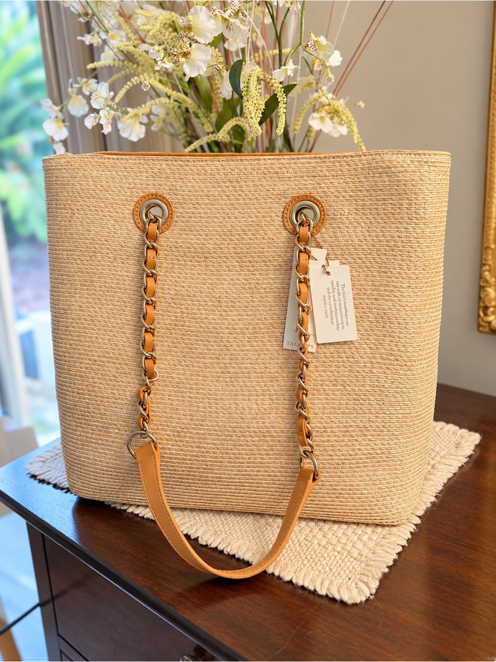 Talbots Natural Woven Raffia Tote Bag Purse Chain and Tan Leather Strap  NWT
